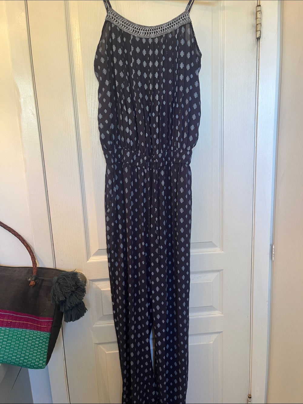 Sleeveless Navy Printed Jumpsuit with Smocked Waist